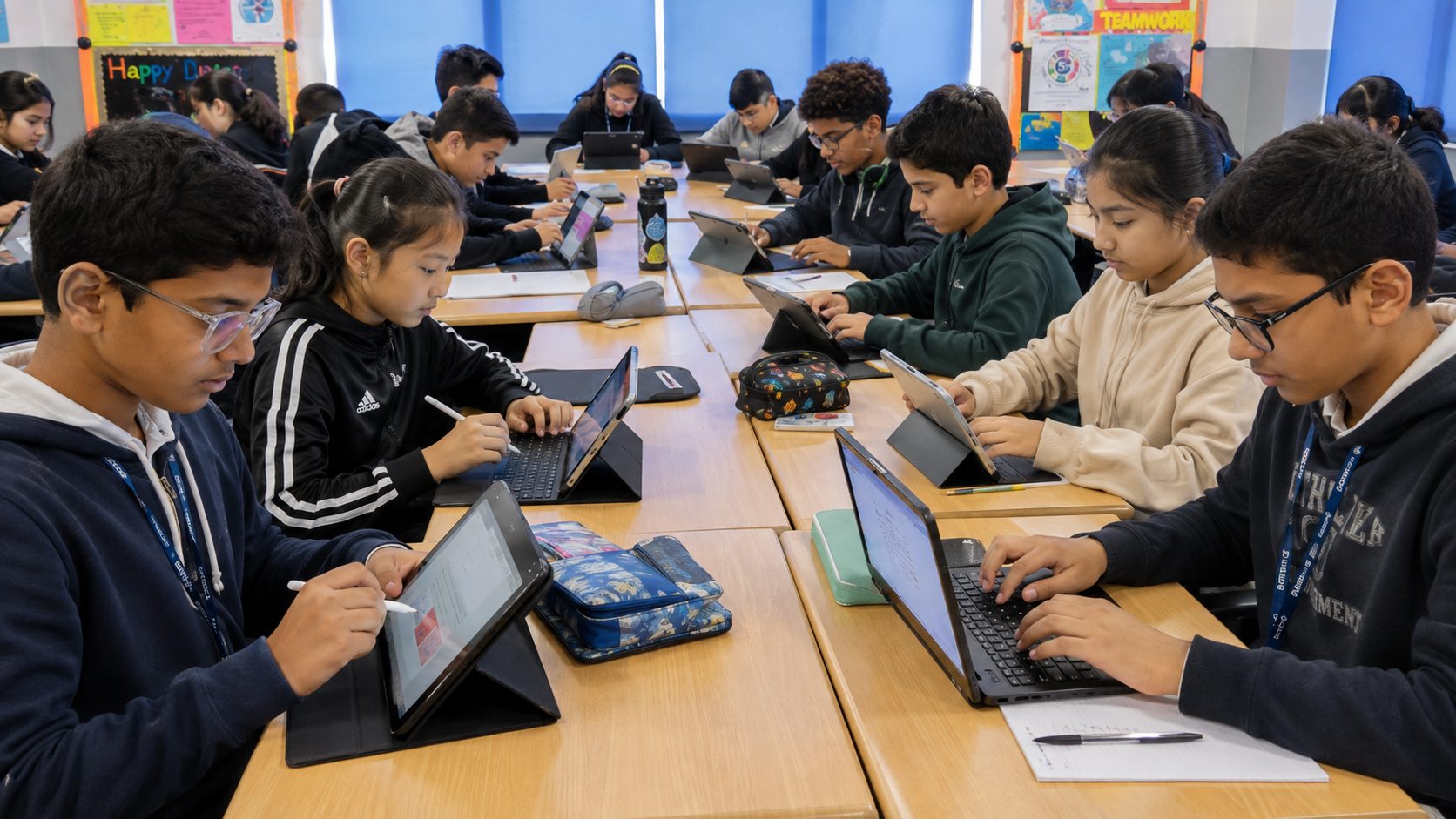Students taking a digital olympiad on laptops in a classroom